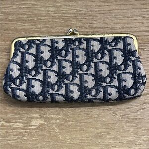 Authentic CD Christian Dior vintage blue trotter kiss lock pouch wallet